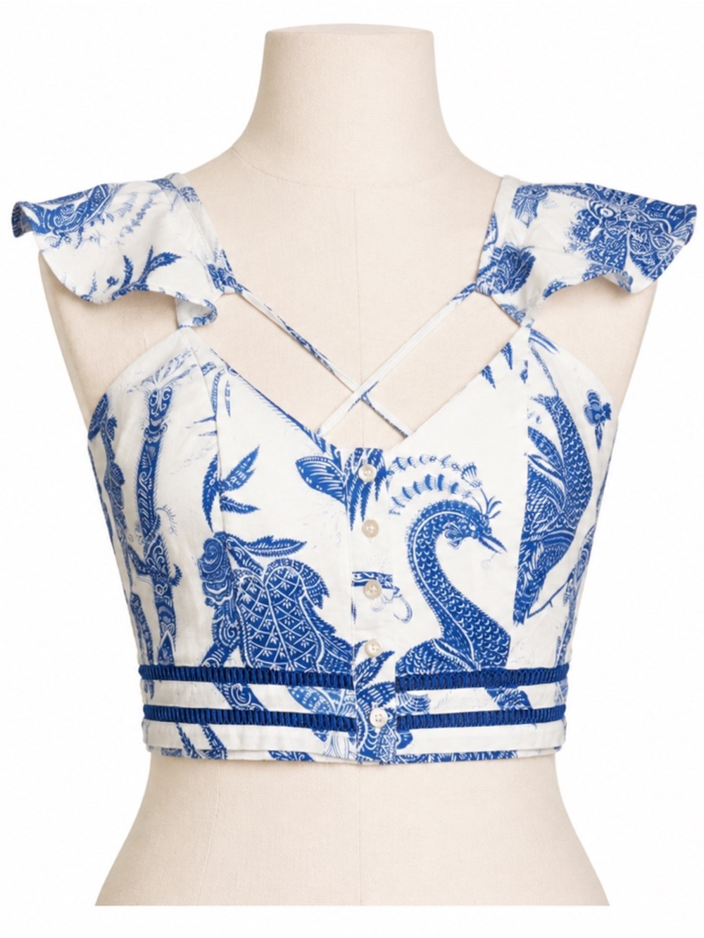 H&M Blue and White Printed Ruffle-Strap Crop Top